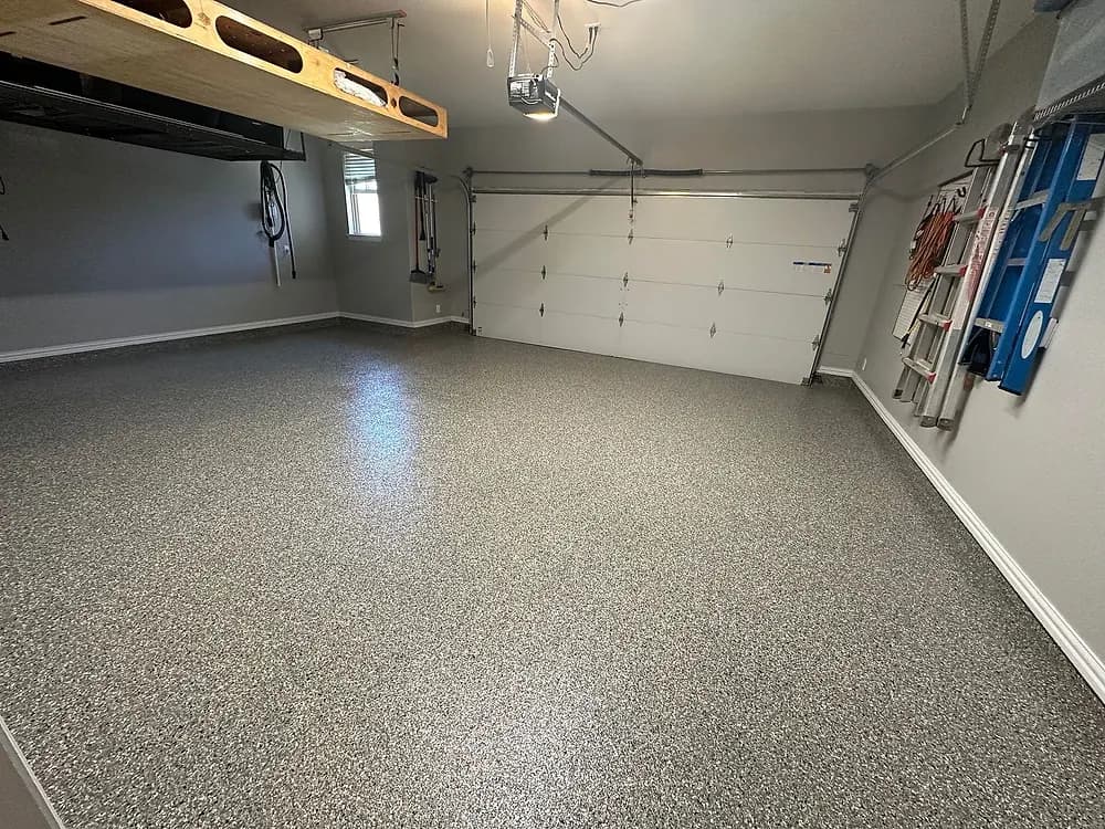 Finished garage floor under overhead storage racks