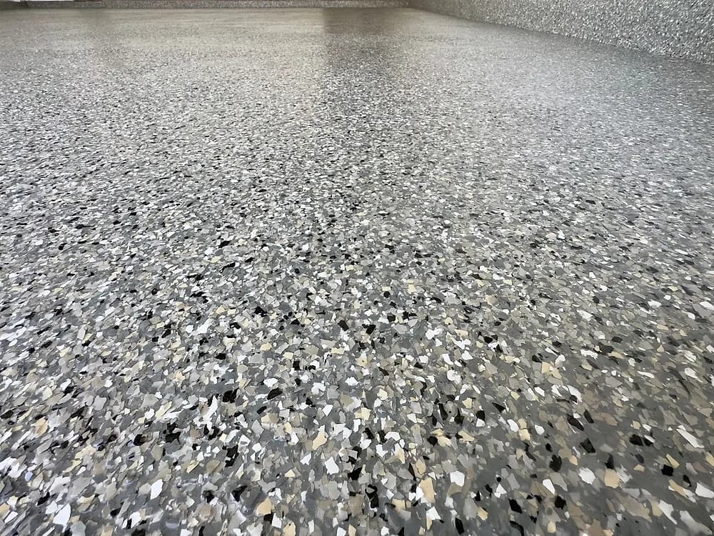 Wide view of a flake-coated garage floor