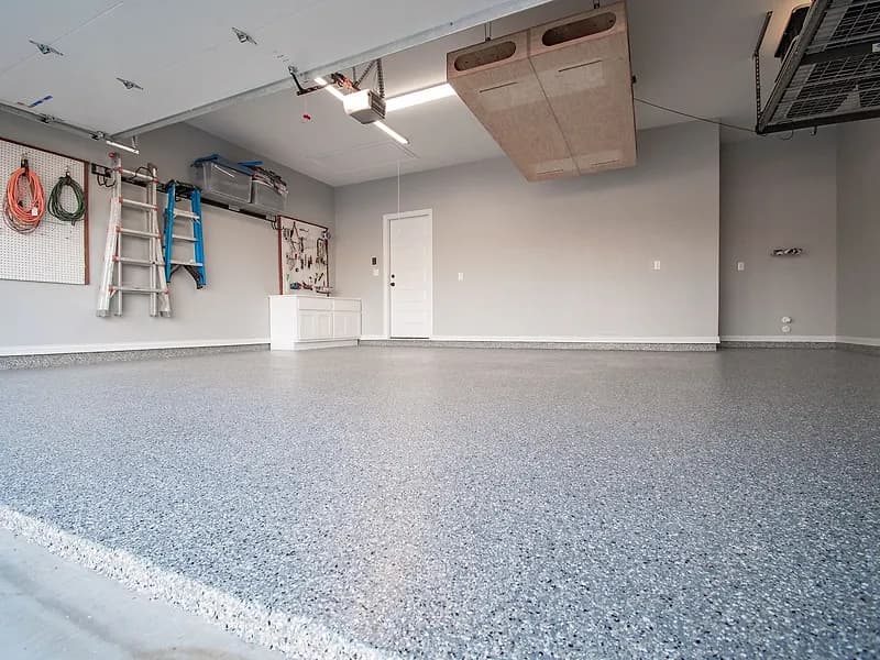 Low view of a Heritage garage floor's gloss and flake